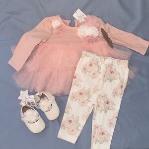 Baby Essentials Pink and white Floral tulle shirt and pants with shoes